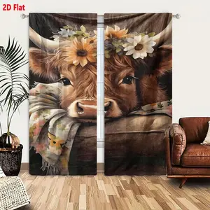 2D Flat  2-Piece Highland Cow Curtain Set, Rustic Brown Shaggy Cow with Floral Wreath Pattern, Cozy Earthy Tones Orange Sunflowers White Daisies Green Foliage, Soft Frayed Edge for Living Room Bedroom Window Decoration