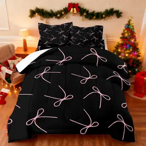 Black quilted comforter with pink bow print and 1/2 pillowcase (filling not included), suitable for family bedrooms and hotels, Soft Bedding Sets