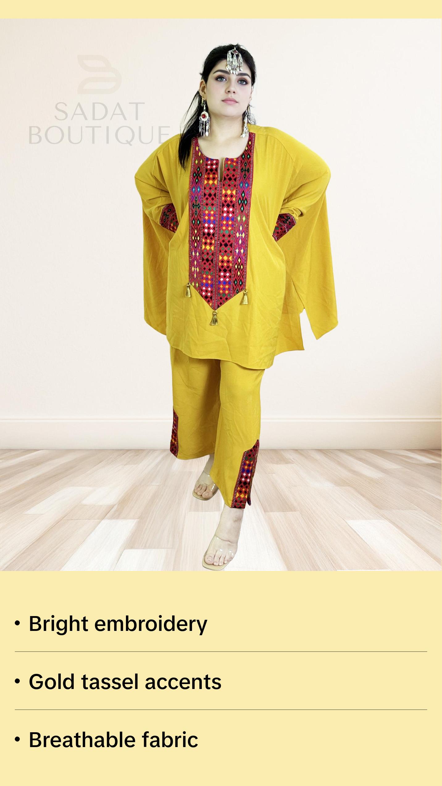 Title: Mustard Yellow Afghan Casual Set with Colorful Embroider