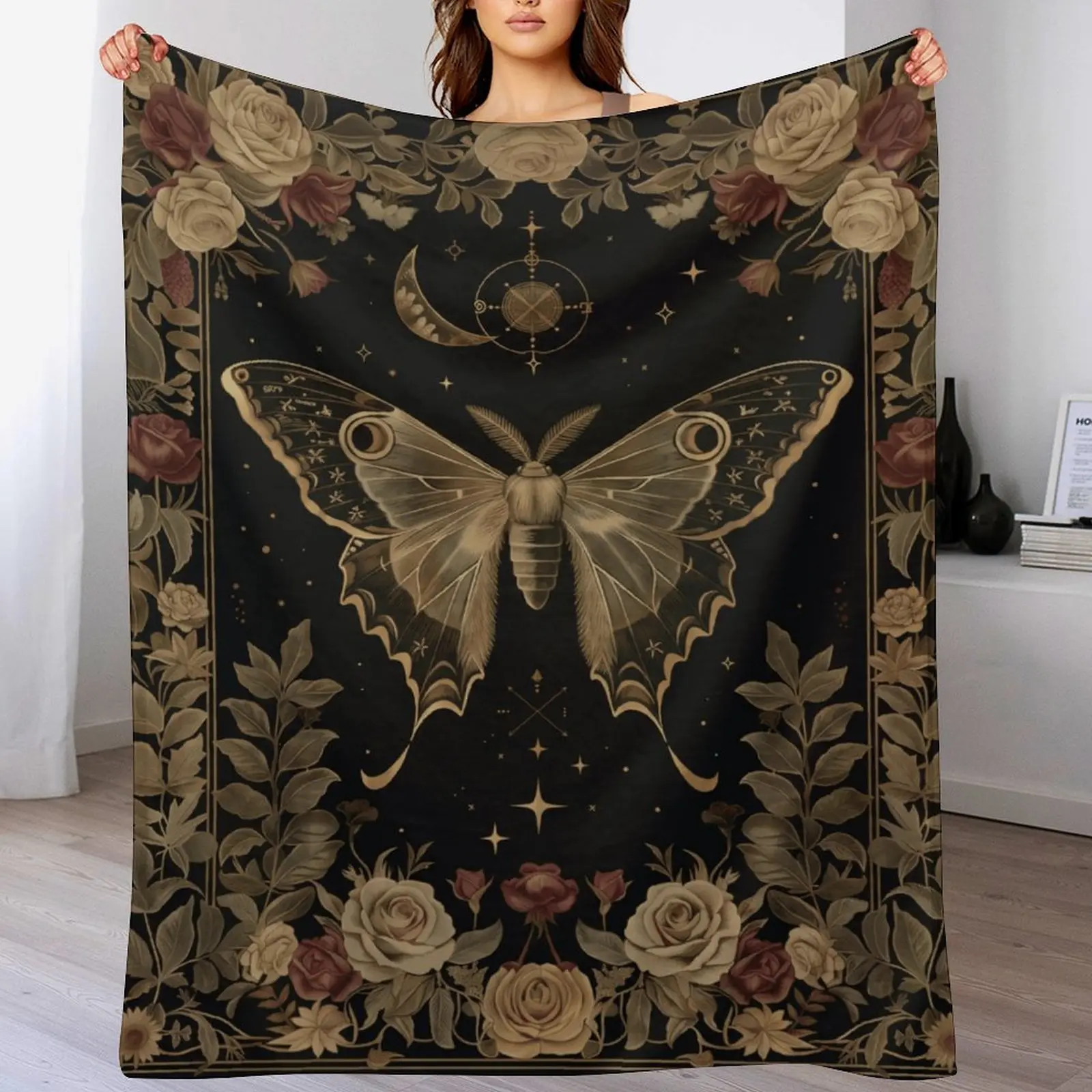 Gothic Moth and Rose Flannel Blanket - Mystical Lunar Moon Vintage Throw - Lightweight Soft Cozy Gifts Blankets for Kids Adults & Nature Lovers,Modern Goth Decor,Home Room Accent ， Soft Cozy Mystical Gift for Women
