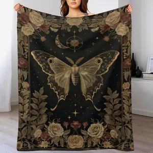 Gothic Moth and Rose Flannel Blanket - Mystical Lunar Moon Vintage Throw - Lightweight Soft Cozy Gifts Blankets for Kids Adults & Nature Lovers,Modern Goth Decor,Home Room Accent ， Soft Cozy Mystical Gift for Women