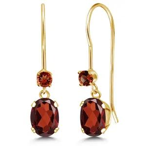14K Yellow Gold Red Garnet French Wire Dangle Earrings For Women | 2.64 Cttw | Gemstone January Birthstone | Oval 6X4MM and Round 2.5MM