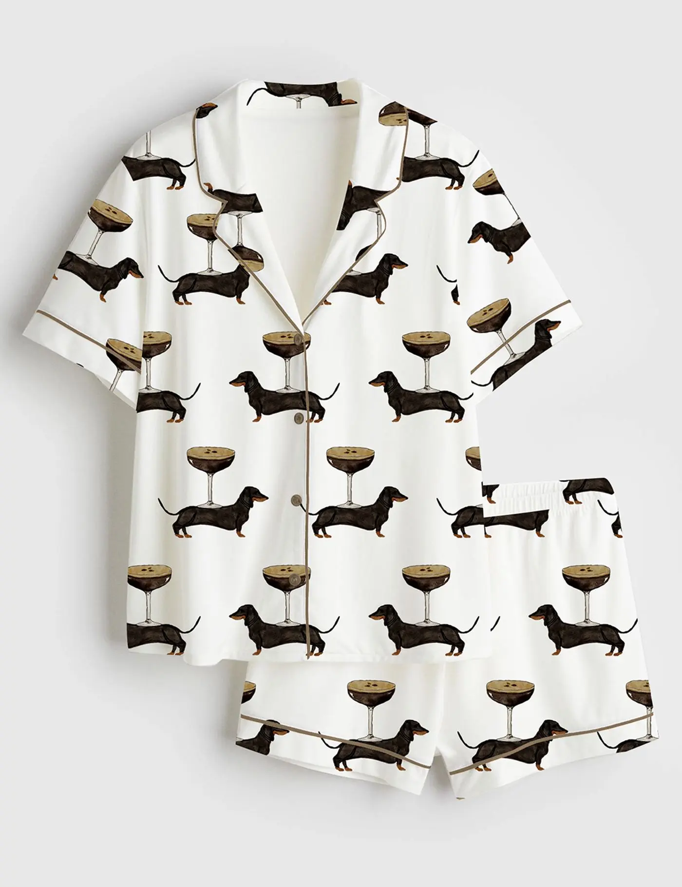 Women's Dachshund Espresso Martini Satin Pajama Set, Cute Dog Sleepwear, Bachelorette Weekend Loungewear