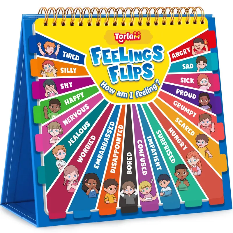 Torlam Unisex Social Emotional Flipbook for Young Learners - Laminated Language Toy with Tabs, 10 Different Empathy Scenes, 20 Diverse Feelings, Mood Chart, Calm Down Corner Supplies, Visual Learning Tools for Emotional Regulation, Parents’ Support