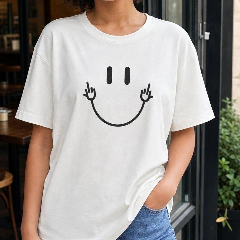 Women's 100% Cotton Crew Neck Drop Shoulder Casual T-Shirt - Short Sleeve Tops, Sarcastic Middle Finger Smiley Face Graphic Print, Edgy Humor Casual Wear
