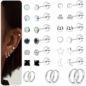 15 Pairs Hypoallergenic Surgical Steel Stud Earrings Set for Women & Men -  Flat Back Stud & Hoop Earrings Set, Cartilage Piercing Kit with Iridescent - Like Round & Heart/Star/Moon