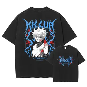 Hunter Killua Zoldyck T-shirts Vintage Washed Anime Kurapika T Shirt Oversized Streetwear Manga Gon Tops Tees Men 100% Cotton