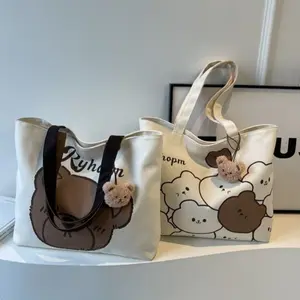 Casual Cartoon Small Bear Pattern Tote Bag with Zipper Lightweight Shoulder Bag  for Vacation Shopping & Work （No Bear Pendant Included）