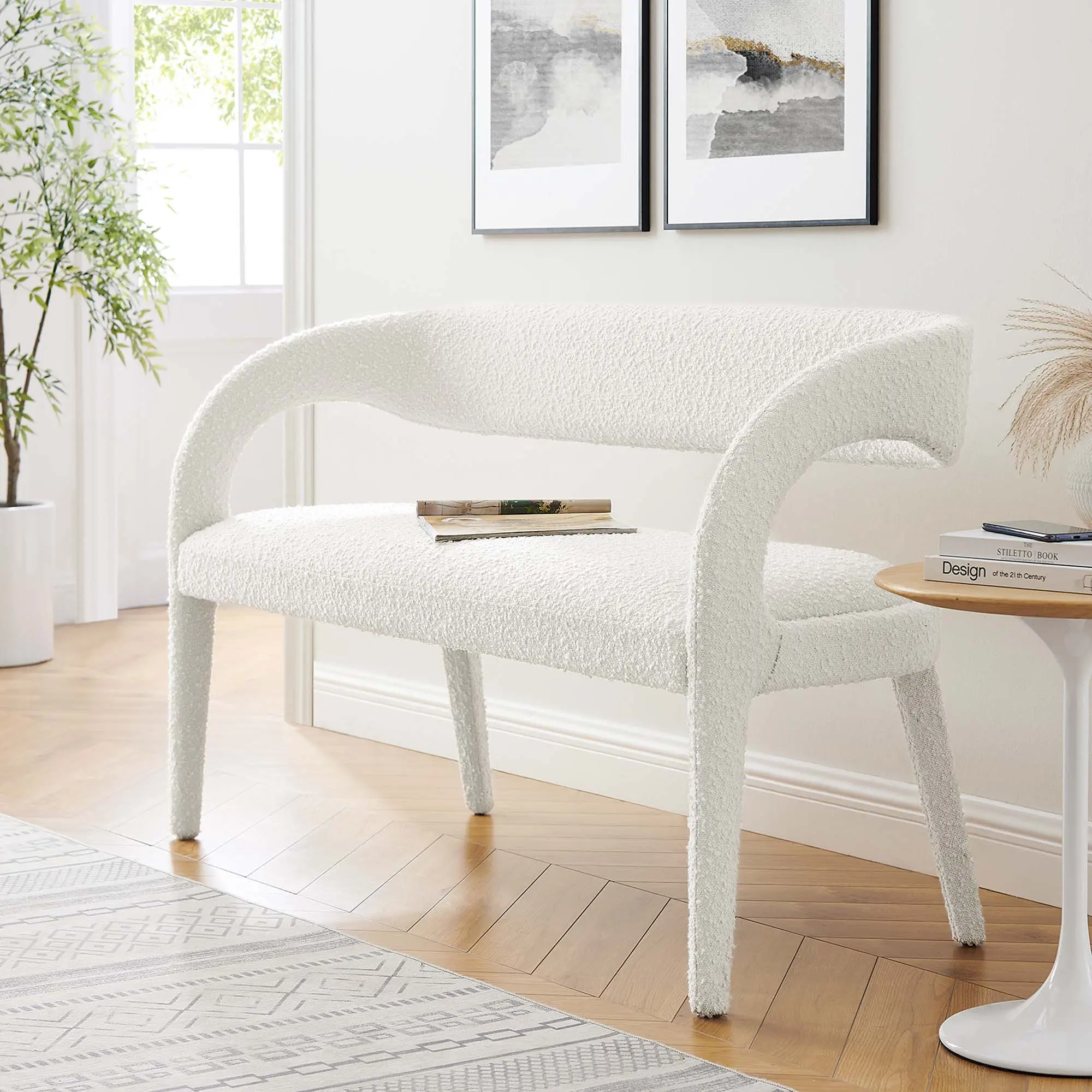 Modway Pinnacle Boucle Fabric Accent Bench in Ivory Modway Pinnacle Boucle Fabric Accent Bench in Ivory