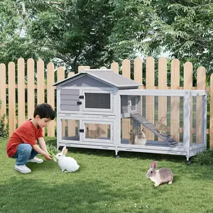 GAOMON Rabbit Cage with Weatherproof Roof, Bunny Cage with 6 Lockable Caster Wheels & Pull-Out Tray, Rabbit Hutch for Indoor Outdoor Use, Grey（63.2" l x 22.4" w x 37"）