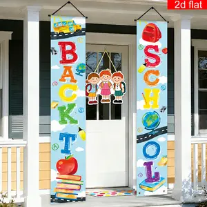 2D Flat - 1 Pair 2D Flat Banner | Welcome Back To School Front Door Porch Sign Party Banner, Polyester, Suitable For The First Day Of School, Back-To-School Themed Events, School Classroom Entrance Porch Hanging Decorations