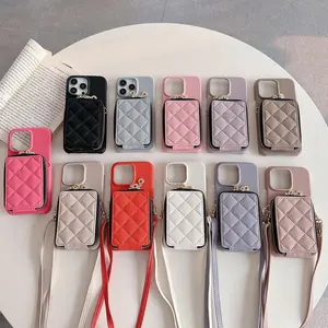 Lychee Pattern Phone Case with Zipper Pouch & Screen Protector, 1 Count Crossbody Wallet Case with Card Holder & Adjustable Strap, Phone Accessories for iPhone