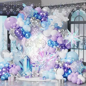 Winter Wonderland Balloon Arch Kit,160Pcs Blue   Balloon Garland with Snowflake,Iridescent Explosion ,Butterfly Foil Balloons for Winter Snow Princess Frozen Birthday Party Decoration