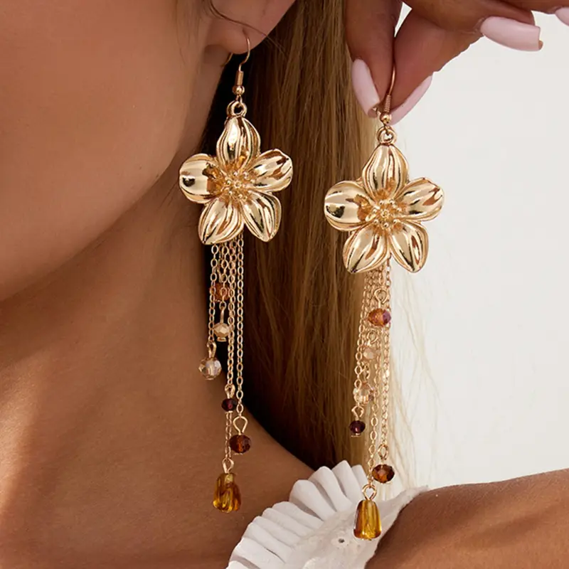 Women Boho Style Metal Flower Pendant Earrings, Irregular Crystal Bead Fringe Ear Rings, Daily & Vacation Jewelry Accessories, Dangle Earrings, Earrings Dangling, Dangly Earrings
