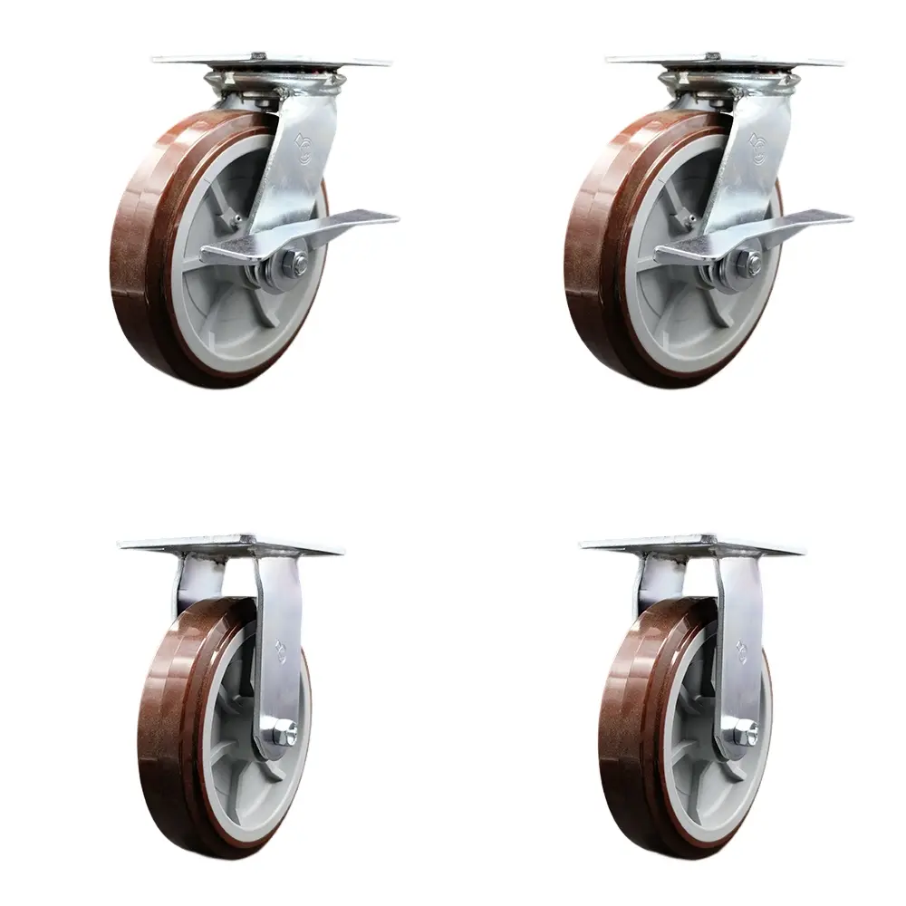 Service Caster SCC-35S820-PPUB-SLB-2-R-2 Heavy Duty Large Top Plate Polyurethane on Polyolefin Swivel Caster with Maintenance Free Bearings with 8 x 2 in. Maroon Wheels - 4000 lbs Capacity - Set of 4