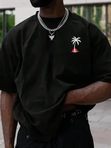 Unisex Men's Tropical Palm Tree Print Short Sleeve Tee, Loose Casual Streetwear Fashion Round Neck T-shirt for Daily Wear, Men's Top for All Seasons