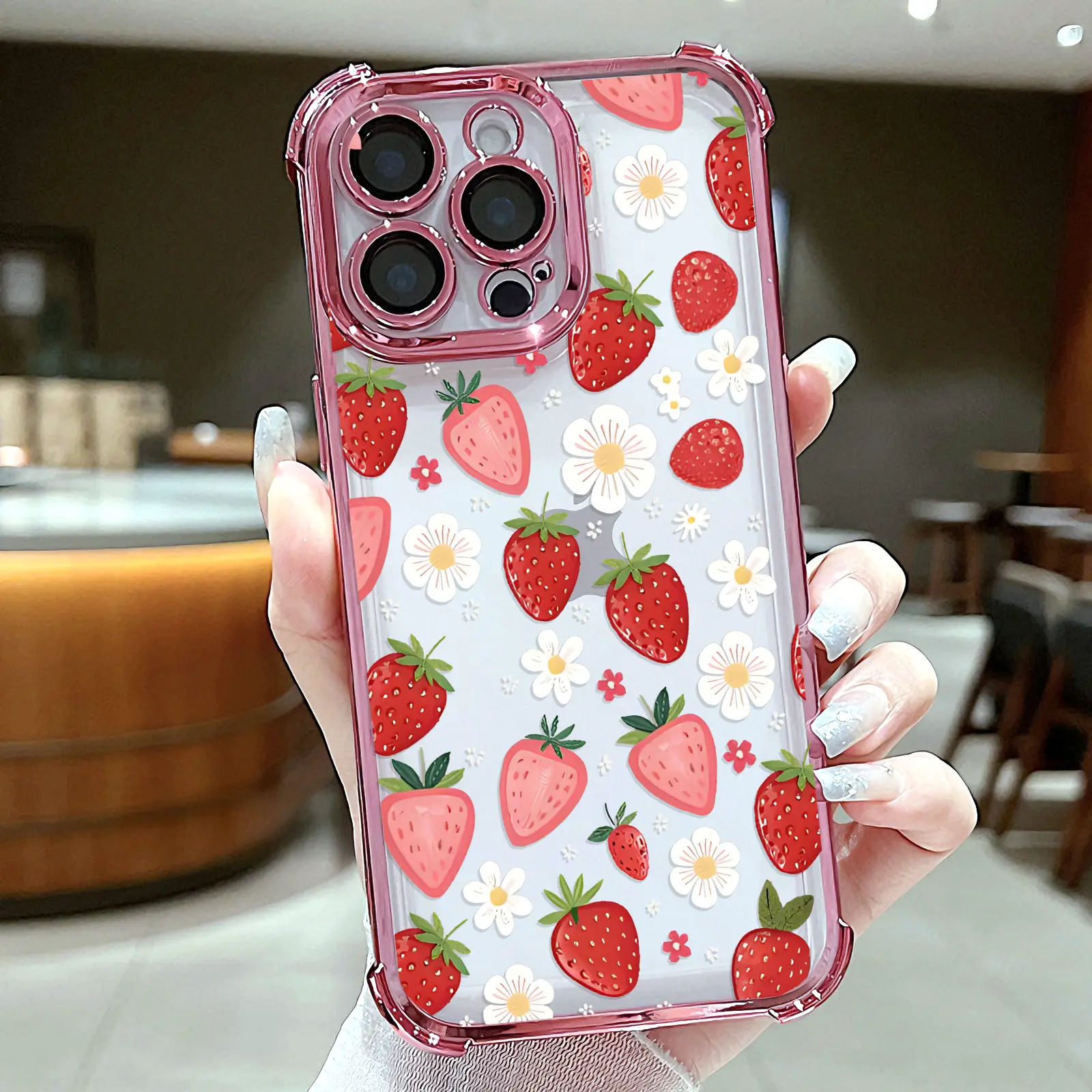Strawberry Daisy Pattern Smartphone Case - Electroplated Handheld Cellphone Cover with Airbag Shockproof Slim Soft TPU Protection for iPhone X, XS Max, 11, 12, 13, 14, 15, 16, 17 Pro Max Plus Air Cute Girly Devices, Casing