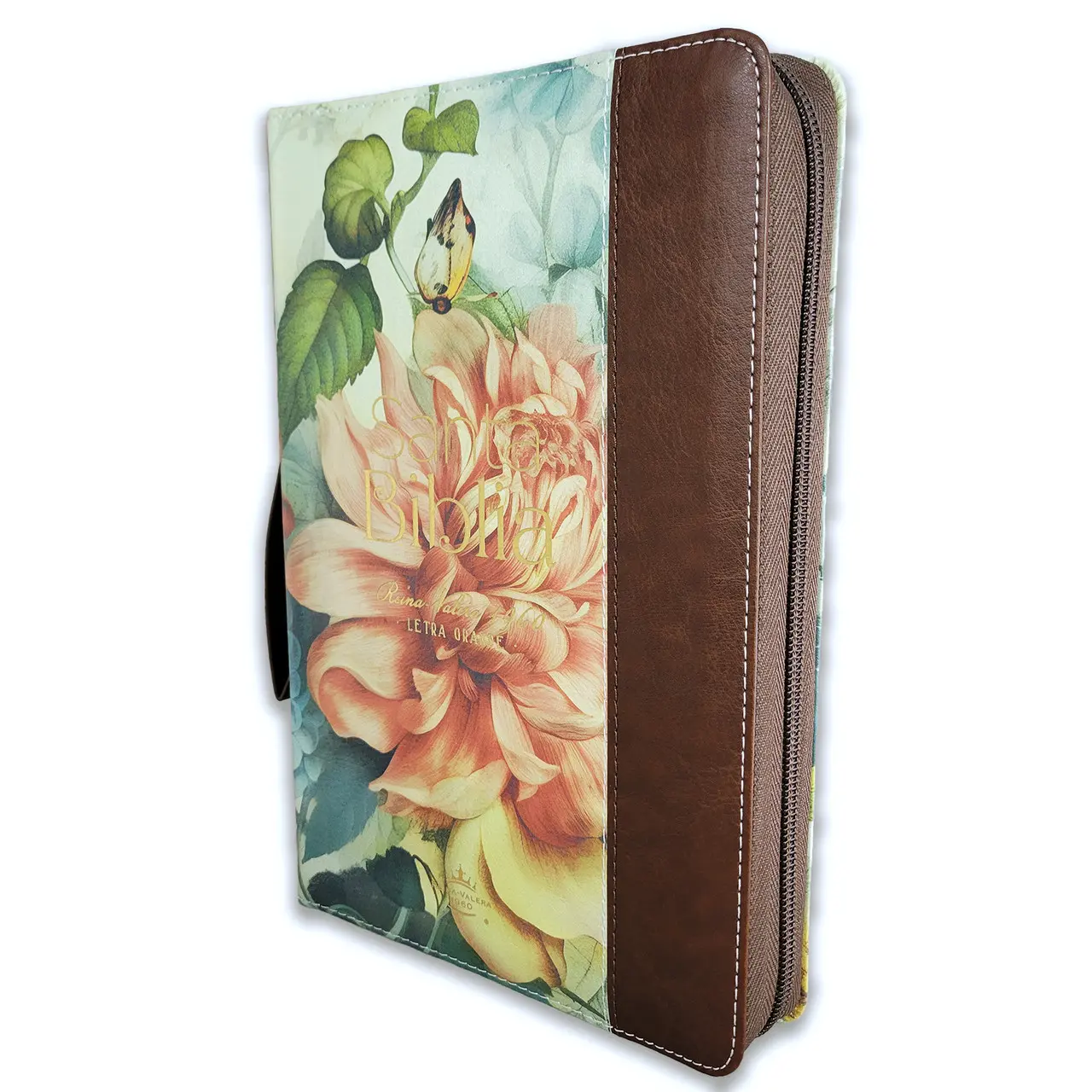 Bible in Spanish for Women with Zipper 12 Point Large Font Reina Valera 1960 Imitation Leather Brown with Floral Index with Handle