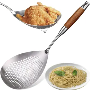 Large Slotted Spoon with Long Wooden Handle,Deep Frying Scoop with Hanging Holes, 304 Stainless Steel Fryer Skimmer Spoons for Kitchen Cooking Frying Draining,Kitchen utensil, pasta strainer with wooden handle,16.5in