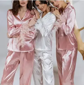 Luxury Satin Loungewear Set for Women Feather Cuff Long Sleeve Pajamas 2-Piece Silk Sleepwear with Button-Up Shirt & Full-Length Pants