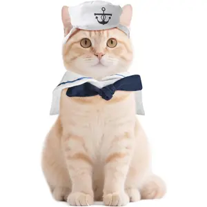 Cat Costume for Halloween Pet Sailor Outfit Navy Hat with Sailor Collar for Small Dogs/Dolls/Cats