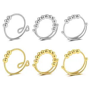 OIDEA 6pcs Spinner Anxiety Rings for Women, Adjustable Open Bead Fidget Ring Set Sizes 6-10