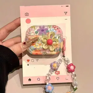 Cute Flower Design Earphone Case with Lanyard, Decorative Earphone Protector Cover, Fashion Earphone Accessories Compatible with AirPods, Headset