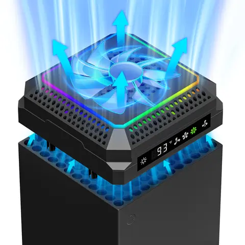 Xbox Series X Console Auto Cooling Top Fan with LED Display, 11 RGB LED Light Modes, 4 Speeds, Temp Sensor, Whisper-Quiet, Temperature-Adjustable, USB-Powered USB Ports, Joystick Caps, Gaming Accessory