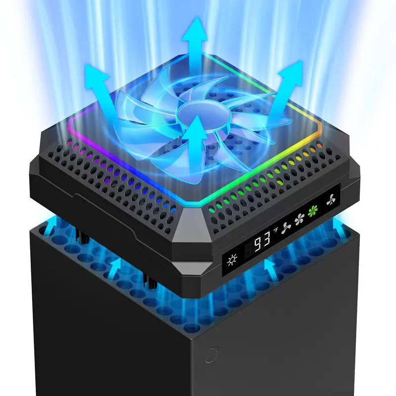Xbox Series X Console Auto Cooling Top Fan with LED Display, 11 RGB LED Light Modes, 4 Speeds, Temp Sensor, Whisper-Quiet, Temperature-Adjustable, USB-Powered USB Ports, Joystick Caps, Gaming Accessory