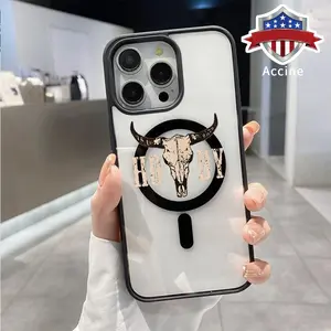 Magnetic Phone Case for iPhone 16 Pro Max 15 Plus 14 13 12 11 XR XS E Western Bull Head Design Pattern Non-Yellowing Shockproof Soft Silicone Transparent Acrylic Cover Supports Wireless Charging.