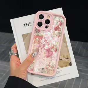 Strawberry & Flower Pattern Phone Case, Cute Phone Case, Decorative Phone Protector Cover Compatible with iPhone 11 12 13 14 15 Pro Max, Casing