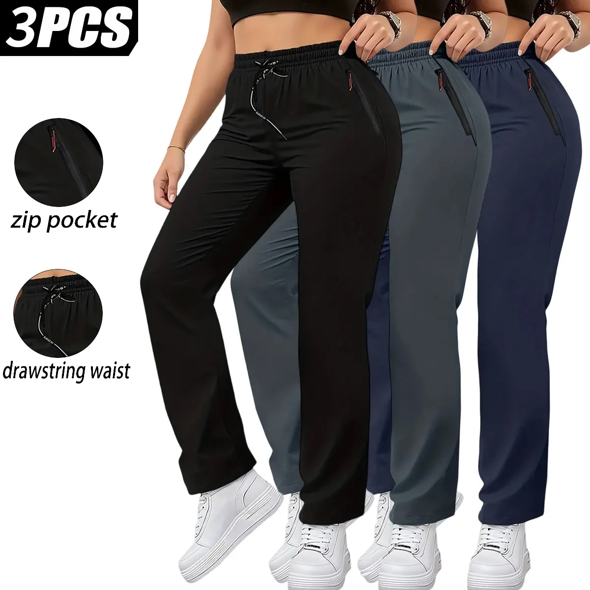 3-pack women’s spring/autumn straight-leg cargo pants with a stylish pocket design, drawstring elastic waistband, casual outdoor long pants suitable for jogging and everyday wear.