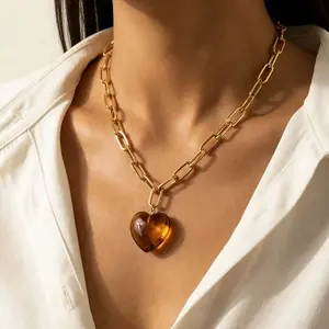 Amber Heart Pendant Necklace Vintage Gold Chain Necklace | Romantic Statement Jewelry | Elegant Everyday Gift