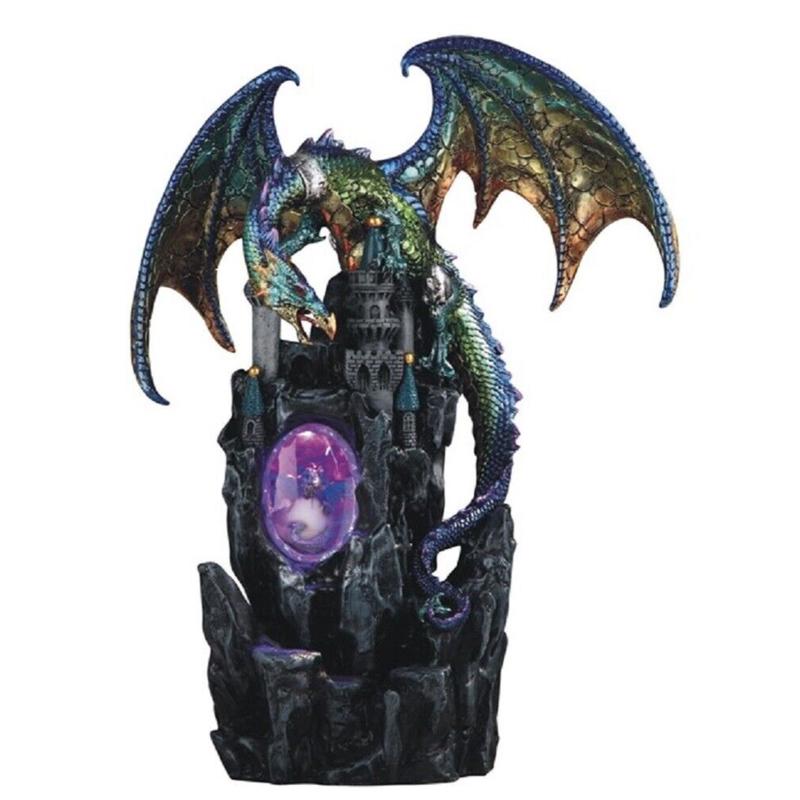 Green and Purple Dragon on Castle with LED Light up Wizard Fantasy Figurine New