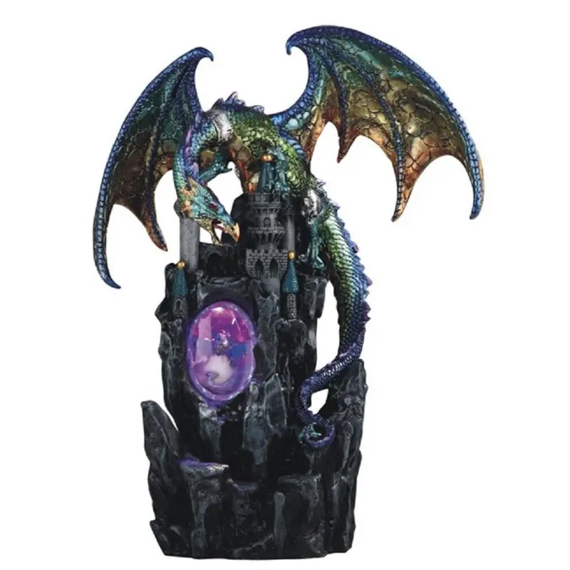 Green and Purple Dragon on Castle with LED Light up Wizard Fantasy Figurine New