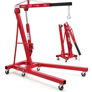 Cherry Picker Engine Hoist, Folding Engine Crane, 2 Ton 4400lb Engine Hoist Lift, Heavy Duty Hydraulic Engine Shop Crane with 6 Casters, Telescopic Boom Hitch, Red