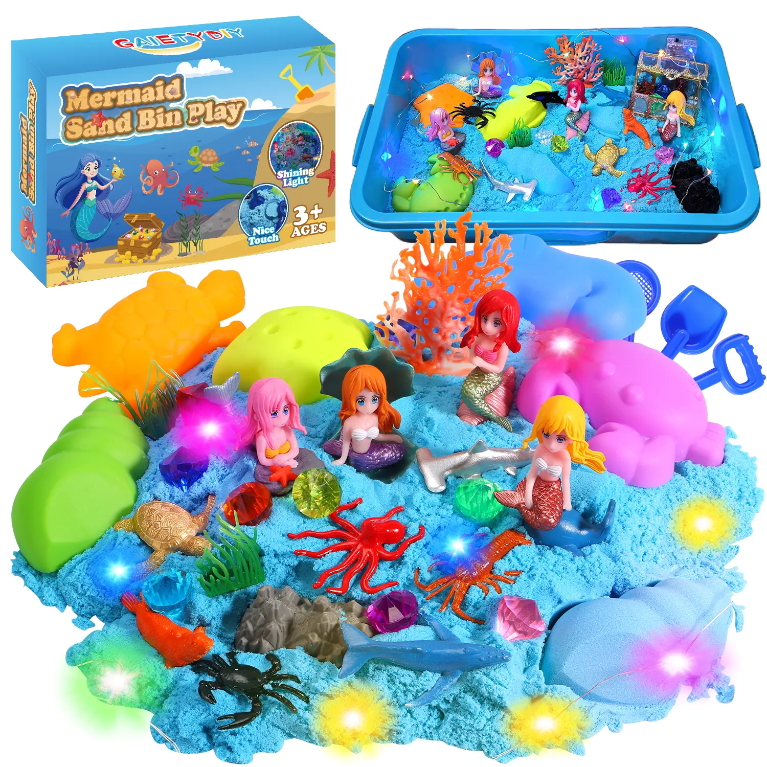GAIETYDIY Mermaid Sensory Bin for Girl, Magic Sand Art Kit with LED Light, 2.2lbs Sensory Sand, Ocean Sea Animals, Sand Box with lid, Mermaid Toy Christmas Birthday Gift for Girls Ages 3 4 5 6 7 8…