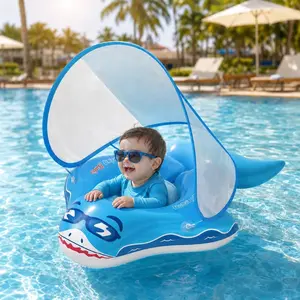 Inflatable Baby Swim Ring Pool Float with Removable Sun Canopy, Cartoon Toddler Floaties for Age 1-6, Summer Beach Toy Gift