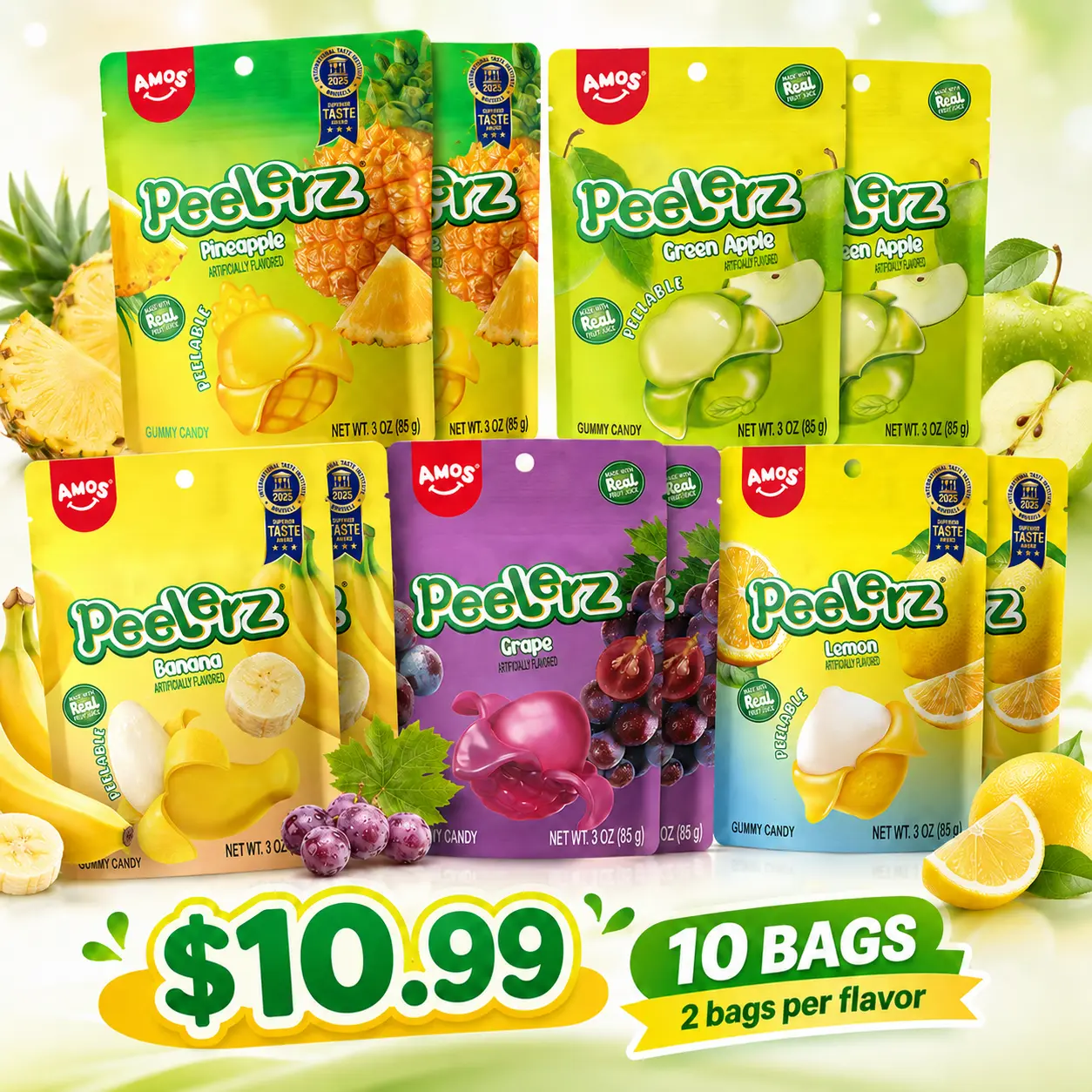 AMOS Peelerz Peelable Gummy Candy Variety Pack, 10 Bags, 5 Fruity Flavors, 2 Bags Each, Real Fruit Juice, Soft Chewy Fun Snacks, 3oz Each