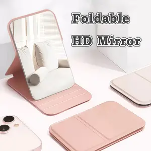 1pcs pink desktop folding mirror, portable makeup mirror, folding travel mirror, compact pocket mirror, mini makeup mirror, ultra clear high-definition mirror, distortion free mirror, standing makeup mirror, anti slip leather cover