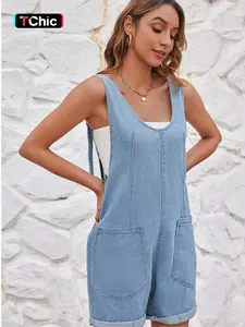Women's Pocket Denim Overalls, Casual Sleeveless Overalls for Daily Wear, Ladies Clothes for All Seasons