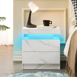 Modern Nightstand LED Bedside Table Cabinet with 2 Drawers Adjustable Multi-color Lights for Bedroom & Living Room Easy Assembly