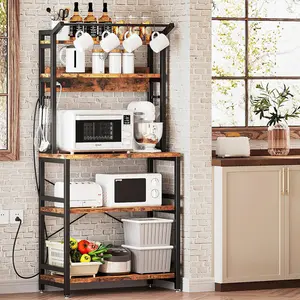 IRONCK Bakers Rack with Power Outlet, Microwave Stand with Storage, Coffee bar with 9 Hooks, 5 Tier Large Storage Capacity and Strong Metal Material for Kitchen, Vintage Brown Easy to Assemble