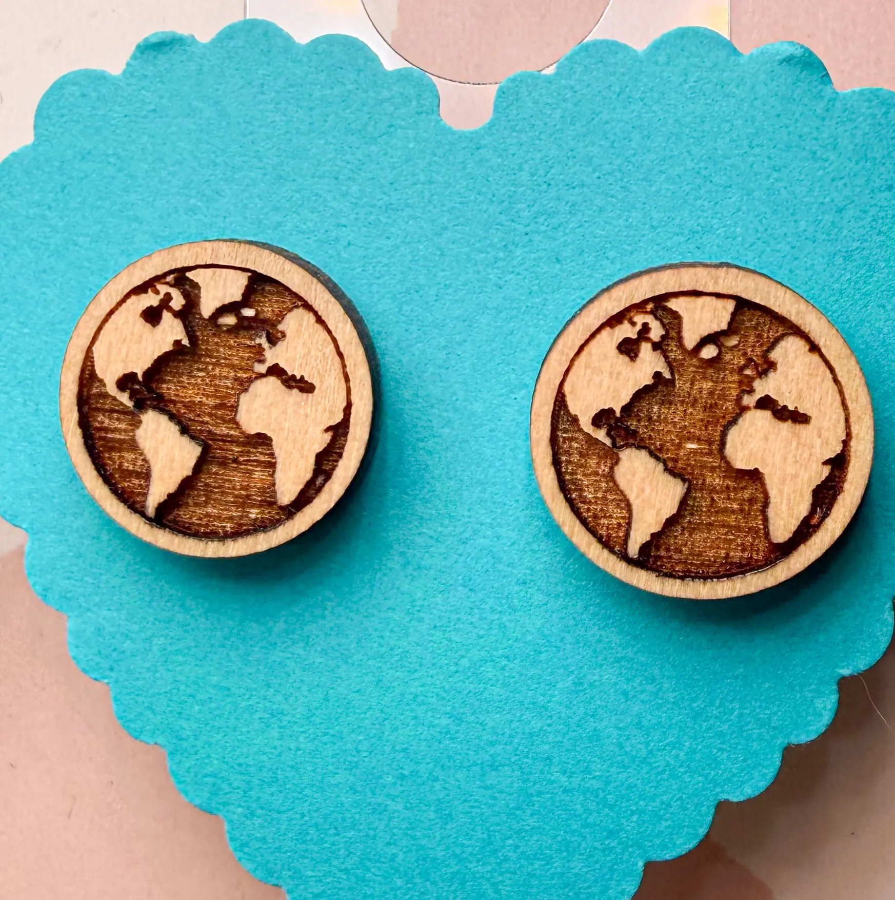 Cute, lightweight wooden stud earrings for sensitive ears, laser cut with plastic backs.