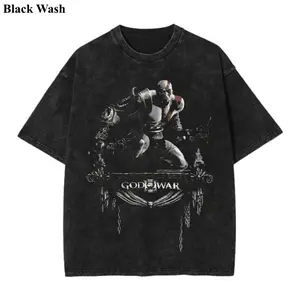 Kratos Vintage Wash Tee, God Of War III Black T-shirt, Retro Y2K Video Game T-Shirt, Game Graphic Tees, Unisex Shirt, Game Gift For Fan, Menswear Womenswear Crew Neck Oversize Fit Heavy Cotton