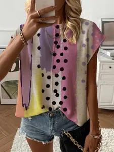 Summer Round Neck Short Sleeve Knit Top Blouse, Loose Fit Colorblock Polka Dot Print, Casual Elegant Commuter, Bikini Cover-Up