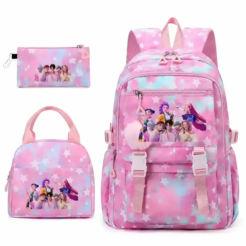 3 in 1 Girls School Backpack Set, Pink Star Printed Kids Bookbag with Insulated Lunch Bag & Pencil Pouch, Lightweight Durable Nylon Backpack for Elementary Girls Daily School Travel