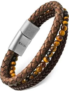 RTZN Stacked Brown Leather & Tiger Eye Bead Bracelet