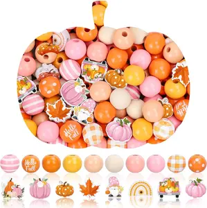 200 count Fall Wooden Beads Autumn Pumpkin  Plaid  Polished Bead  Orange Round Loose Beads for Thanksgiving DIY Crafts Bracelet Necklace