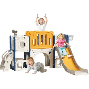 8 in 1 Toddler Slide,Kids Slide Playset for Toddler,Indoor Outdoor Slide Toddler Playset with Ball & Hoop, Storage Space and Non-Slip Steps,Gift for Boys and Girls 1-3 Years (Blue Orange)